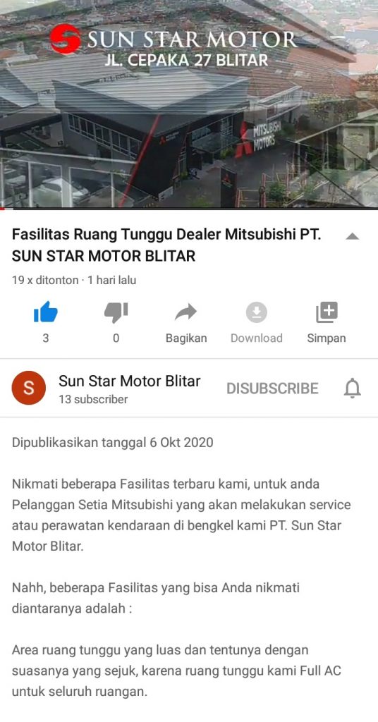 Tonton “Fasilitas Ruang Tunggu Dealer Mitsubishi PT. SUN STAR MOTOR BLITAR” di YouTube
